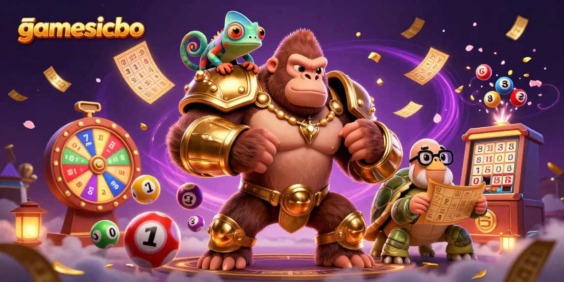 Experience gamesicbo with a powerful gorilla king, vibrant lottery balls, and dynamic gaming elements.