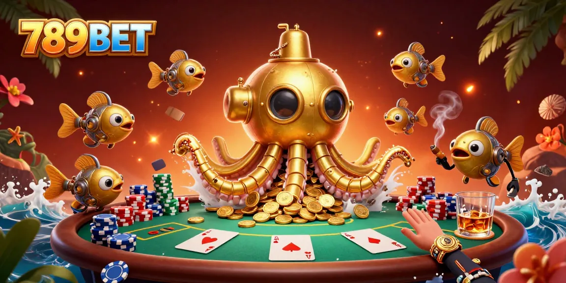 Experience thrilling gameplay with 789BET's animated kraken submarine and poker scene.