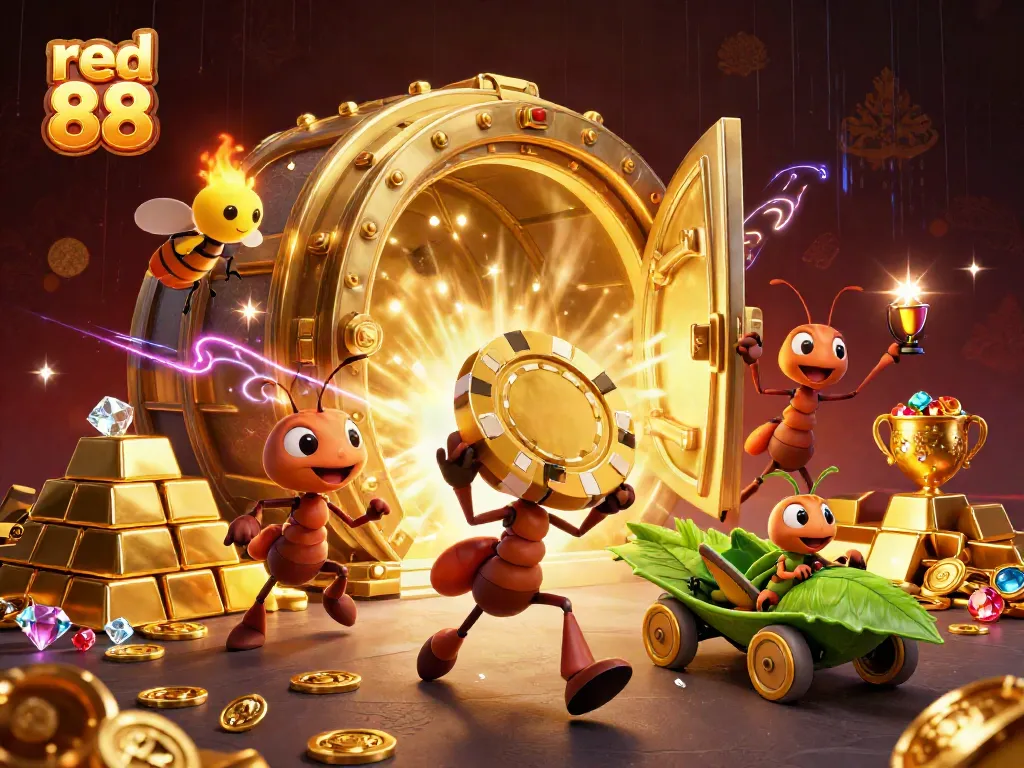 Ant team in a heist with a golden poker chip at the online casino red 88, under a firefly's lantern.