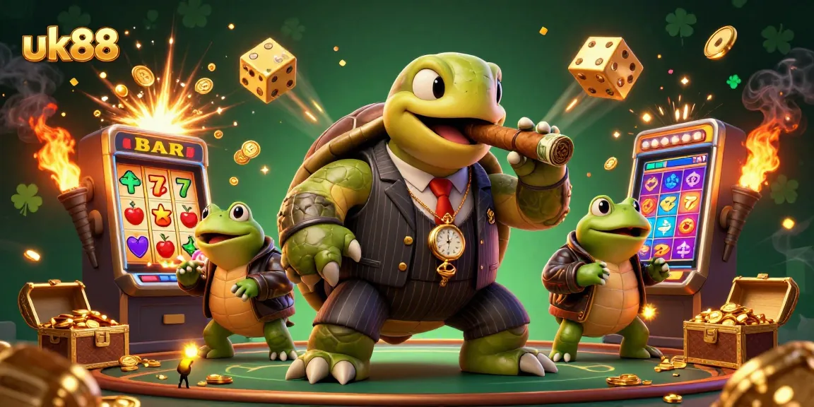 Engage with uk88's vibrant casino atmosphere featuring a snapping turtle and bullfrogs in a lively gaming scene.