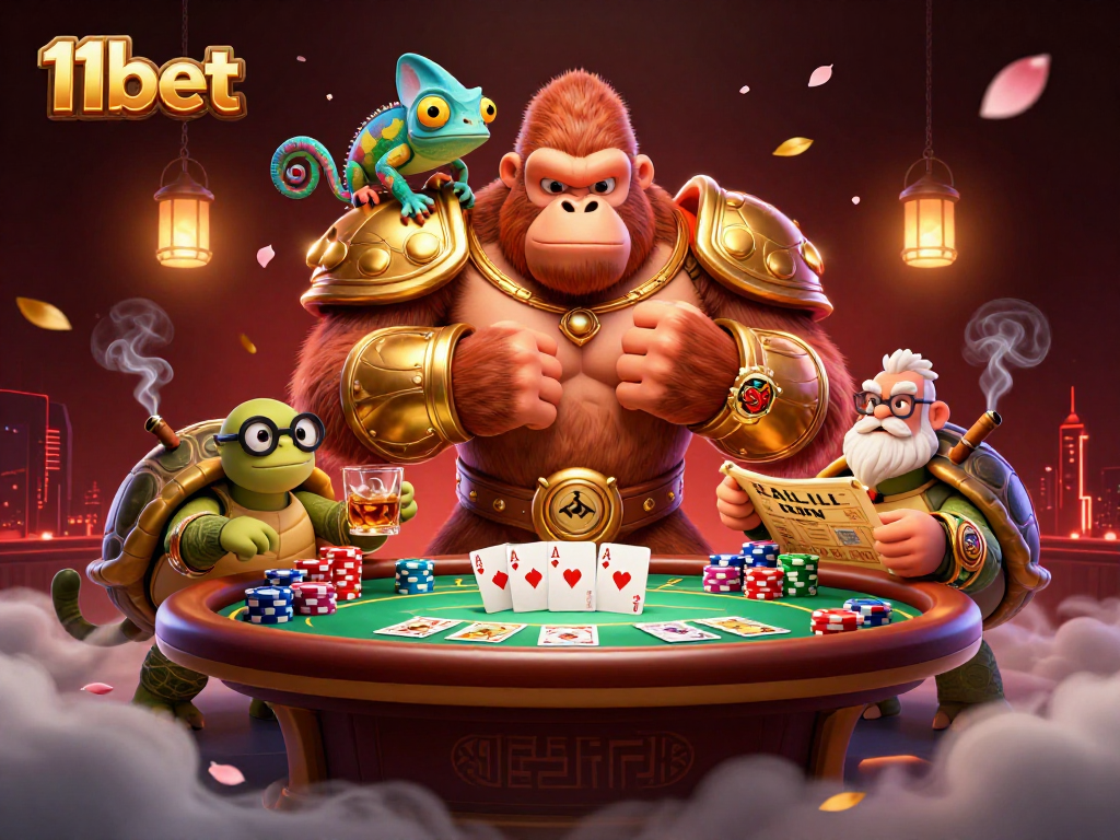 Engage with 11bet's exciting poker scene featuring a powerful gorilla king and cherished characters.