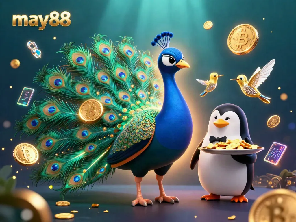 Engage in thrilling gameplay with may88, featuring a peacock, penguin, and sparkling crypto coins.