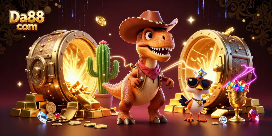 Engage with the dynamic Da88 com casino scene featuring a cartoon T-Rex cowboy amidst golden treasures.