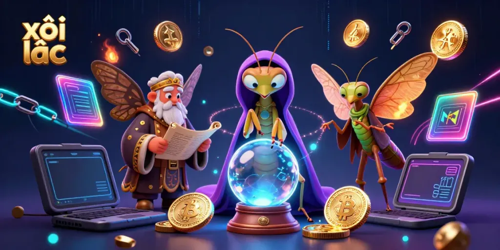 Engage with xôi lạc in this vibrant 3D illustration showcasing fortune telling and crypto themes within a casino atmosphere.