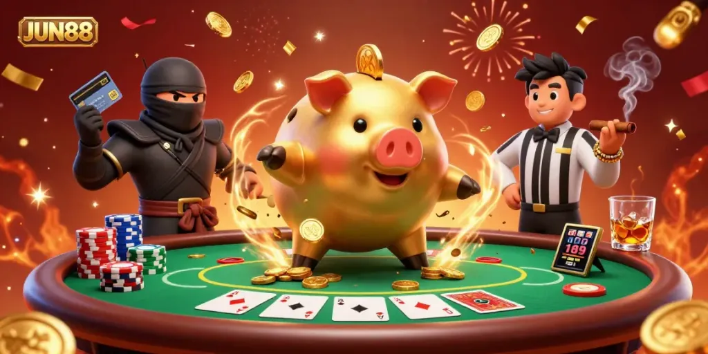 Engage with JUN88's dynamic casino scene featuring a golden piggy bank sumo wrestler, wallet-ninja, and credit-card samurai amidst a lively poker environment.