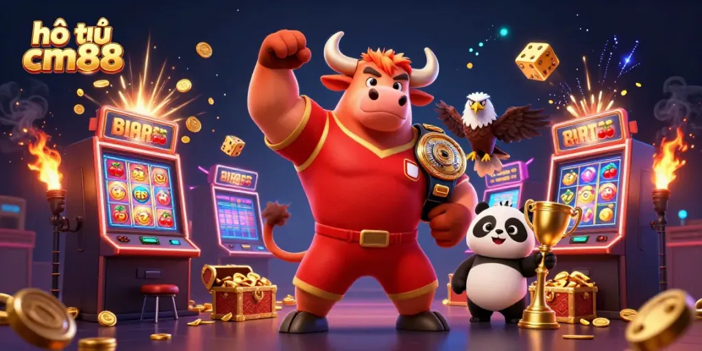 Experience hổ trợ cm88 with thrilling casino characters and vibrant game elements in this dynamic illustration.