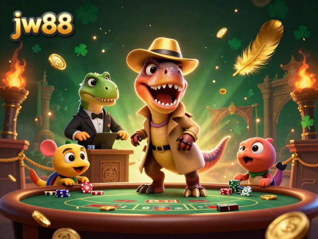 Experience thrilling gaming action at jw88 with cartoon dinosaur characters mingling at a blackjack table.