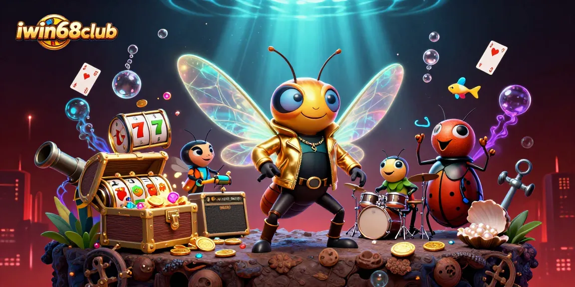 Iwin68club celebrates with a vibrant scene of a rock star cicada amid colorful casino elements and treasure.