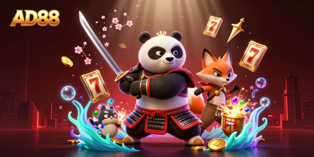 Experience thrilling gaming with AD88 featuring a samurai panda, ninja fox, and tanuki amidst dynamic slot elements.