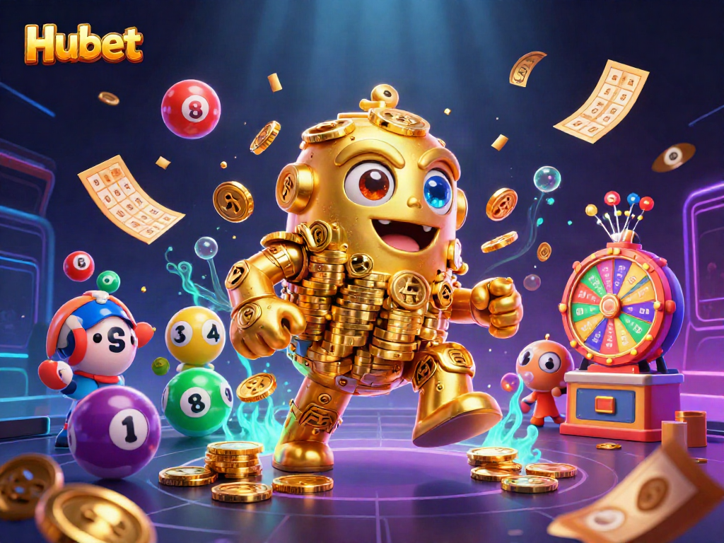 Engage with Hubet's vibrant lottery scene filled with golden golems and dynamic game elements.