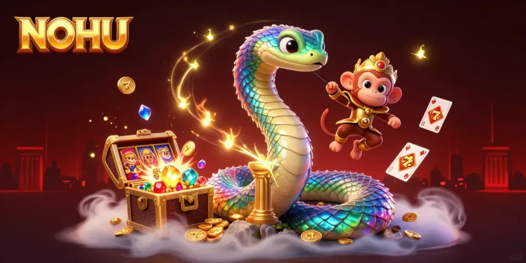 Experience the excitement at NOHU with a vibrant imaginary scene featuring games, treasures, and jackpot elements.