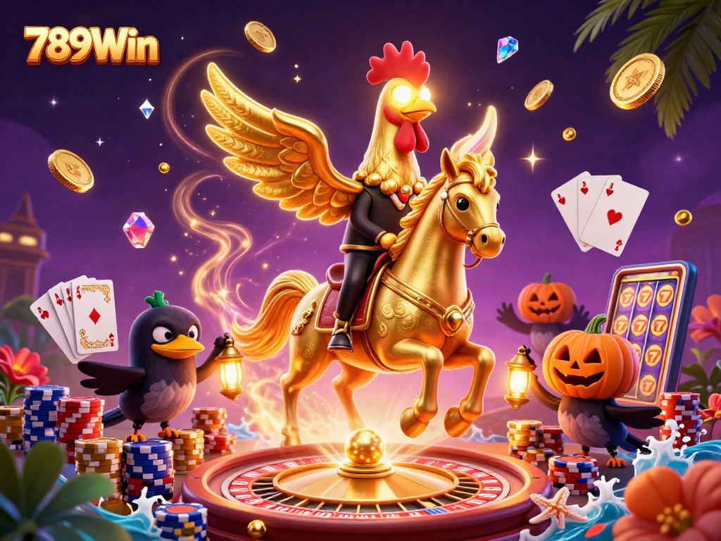 Experience the thrill of 789Win with a spectacular casino scene of a golden rooster and treasures.