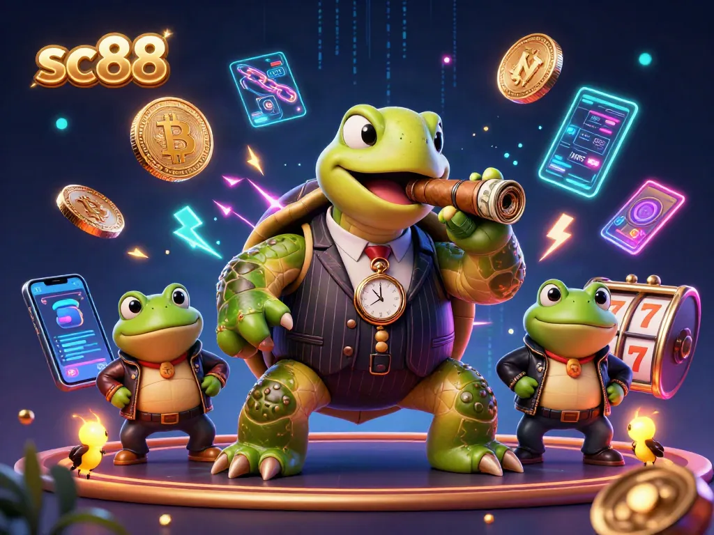 Engage with sc88 at the vibrant casino scene featuring a cartoon turtle and bullfrogs, showing action and excitement.