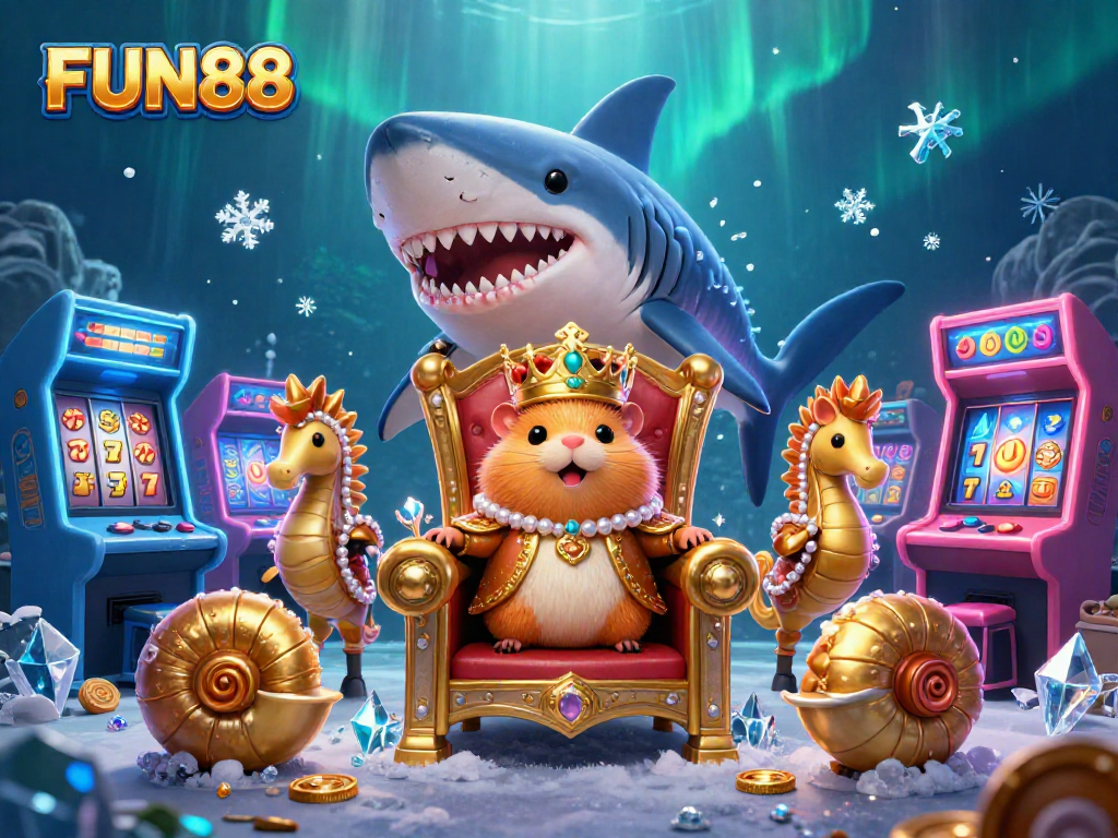 Engage in FUN88 with an ultra-detailed visual of a hamster king and gaming elements.