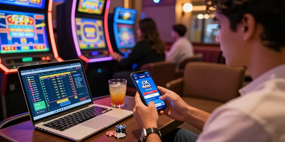 Engaging CK 444 mobile app scene with player in cozy lounge, vibrant casino atmosphere.