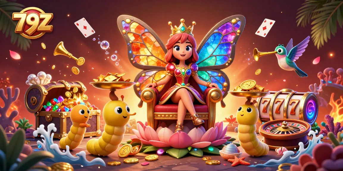 Experience thrilling gameplay with 79Z: A stunning casino illustration featuring a butterfly queen amidst vibrant gaming elements.