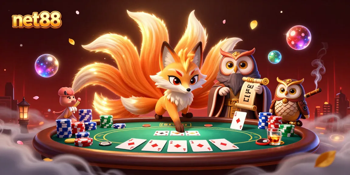 Play at net88 while enjoying a vibrant poker scene with animated characters and rich elements.