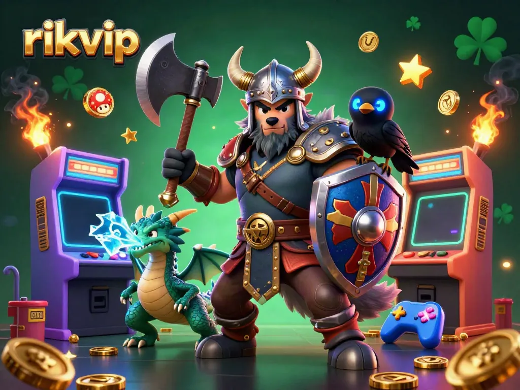 Engage with rikvip's thrilling adventures featuring a Viking warrior, dragon, and gaming elements in an exciting casino scene.