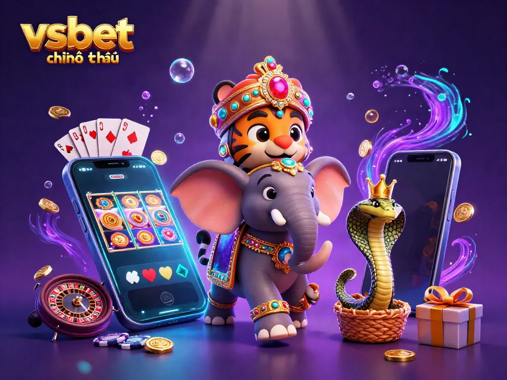 Experience the lively scene of vsbet chính thức with a vibrant casino atmosphere featuring a cartoon elephant, tiger, and cobra.