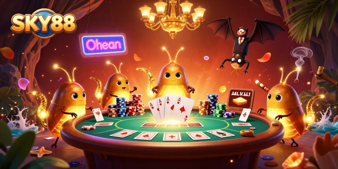 Experience thrilling games at SKY88 with a glowworm casino ambiance, casino chips, cards, and a bat dealer.