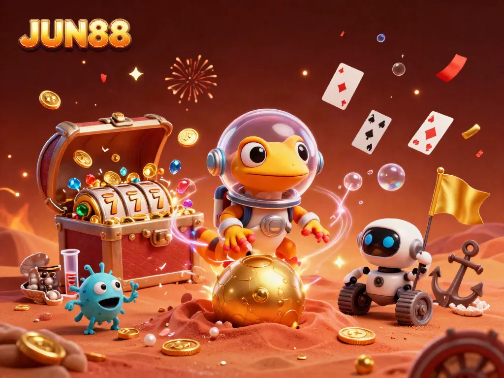 Experience exhilarating gambling at JUN88 while a Martian gecko finds treasures in a colorful casino.