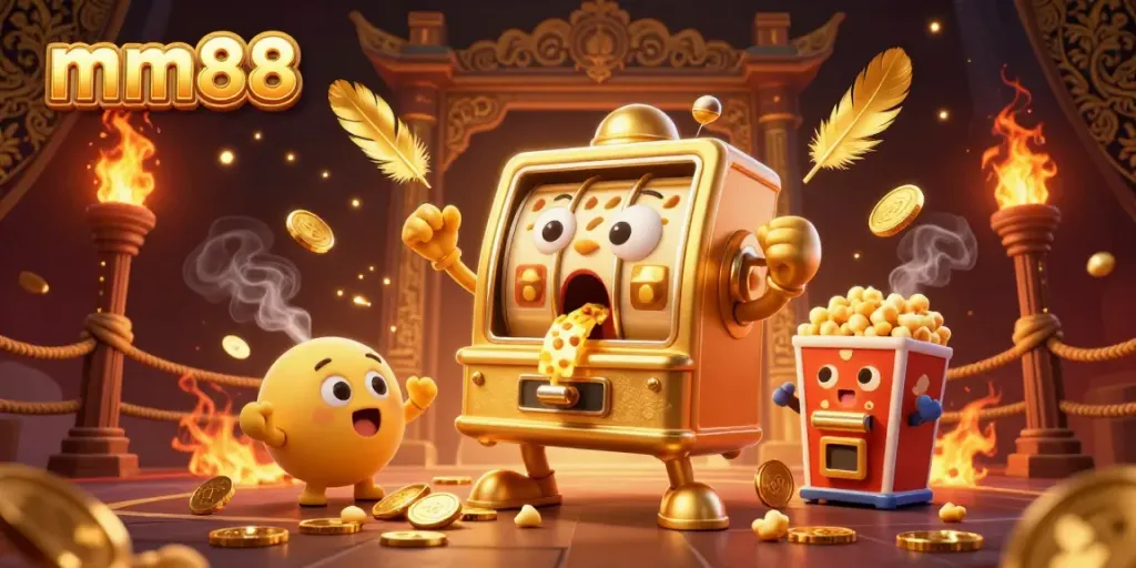 mm88 slot machine celebrating a jackpot with coins spilling, surrounded by cheering machines and golden decorations.