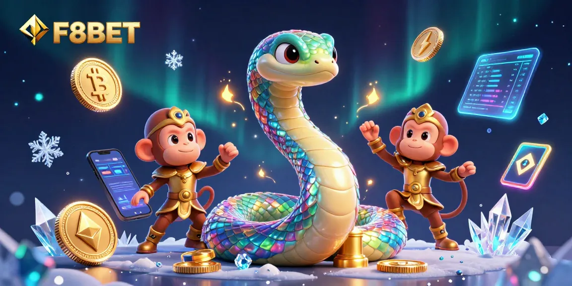 Interact with F8BET's vibrant casino scene featuring a rainbow serpent and crypto elements.
