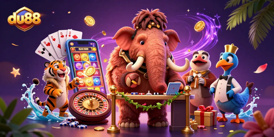 Experience du88 at a vibrant casino scene featuring a woolly mammoth bouncer and a VIP saber-tooth tiger guest.