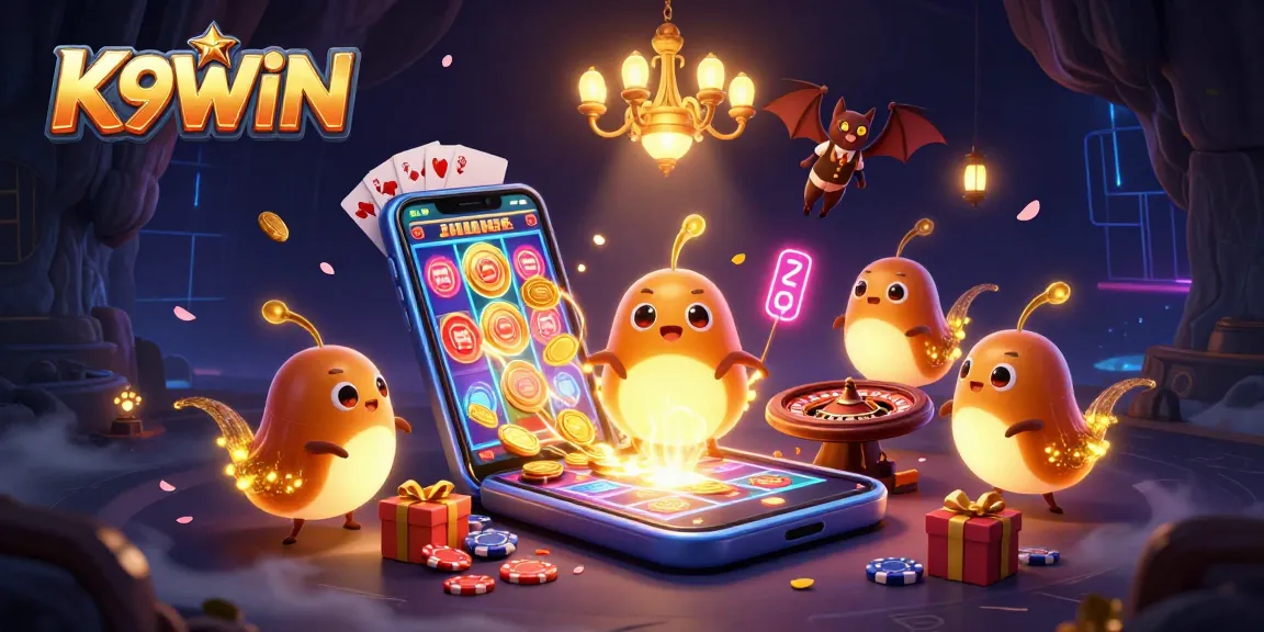 K9WIN showcases a vibrant 3D casino scene with glowworms illuminating gaming elements, enhancing your betting adventure.