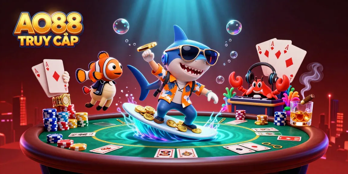Engage in exhilarating gameplay at AO88 TRUY CẬP with vibrant casino elements featuring a surfing shark and lively characters.