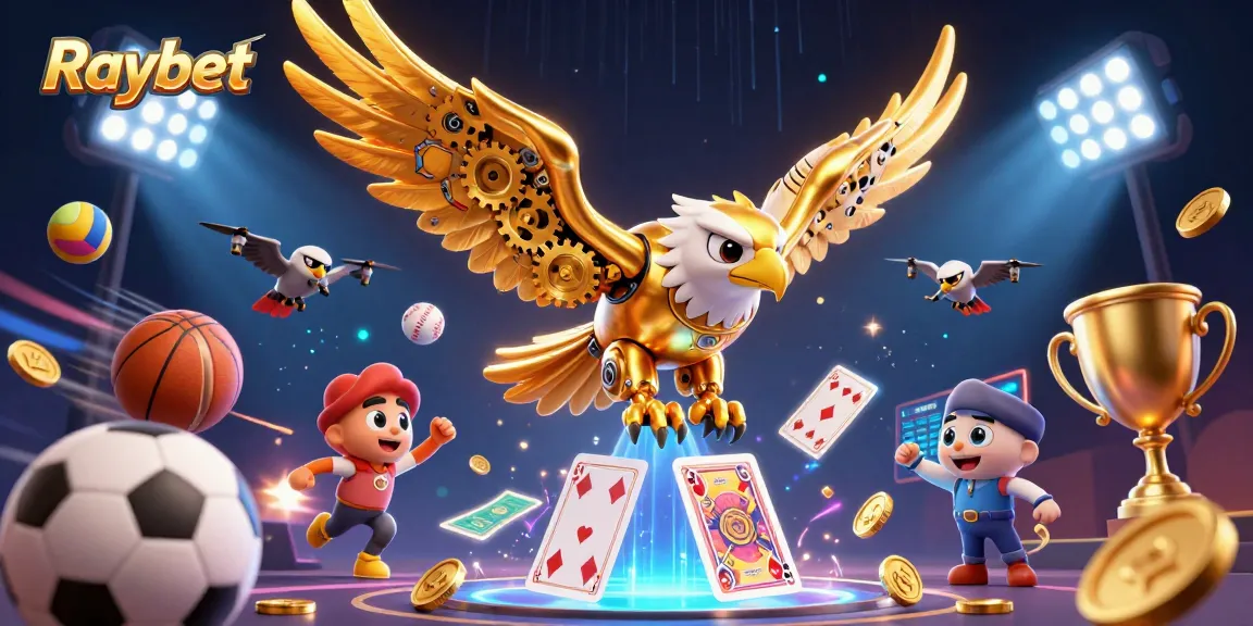 Raybet showcases a dynamic 3D scene with a cybernetic eagle and sports elements in an engaging casino atmosphere.