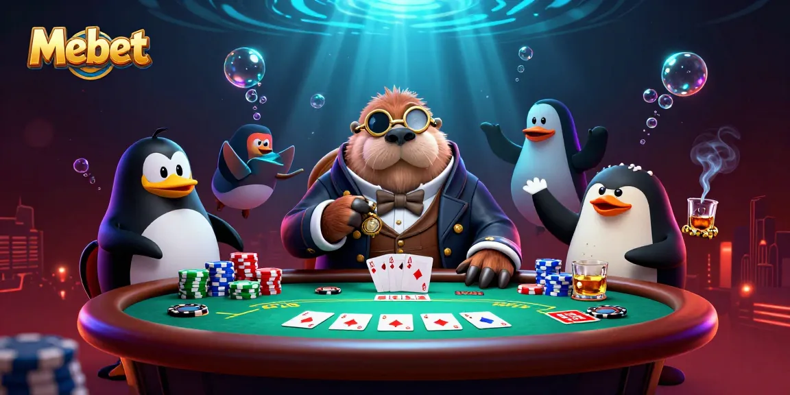 Mebet poker scene with a walrus, penguin dealer, and pufferfish bluffing at an underwater table.