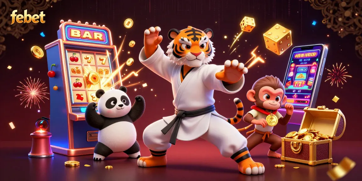Engaging gaming scene at febet with characters around a slot machine jackpot explosion and casino elements.