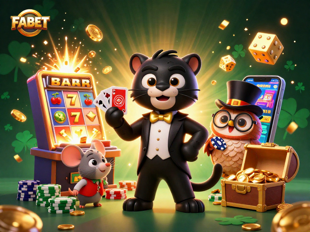 FABET features a stylish panther dealing cards, surrounded by vibrant casino game elements and gold coins.