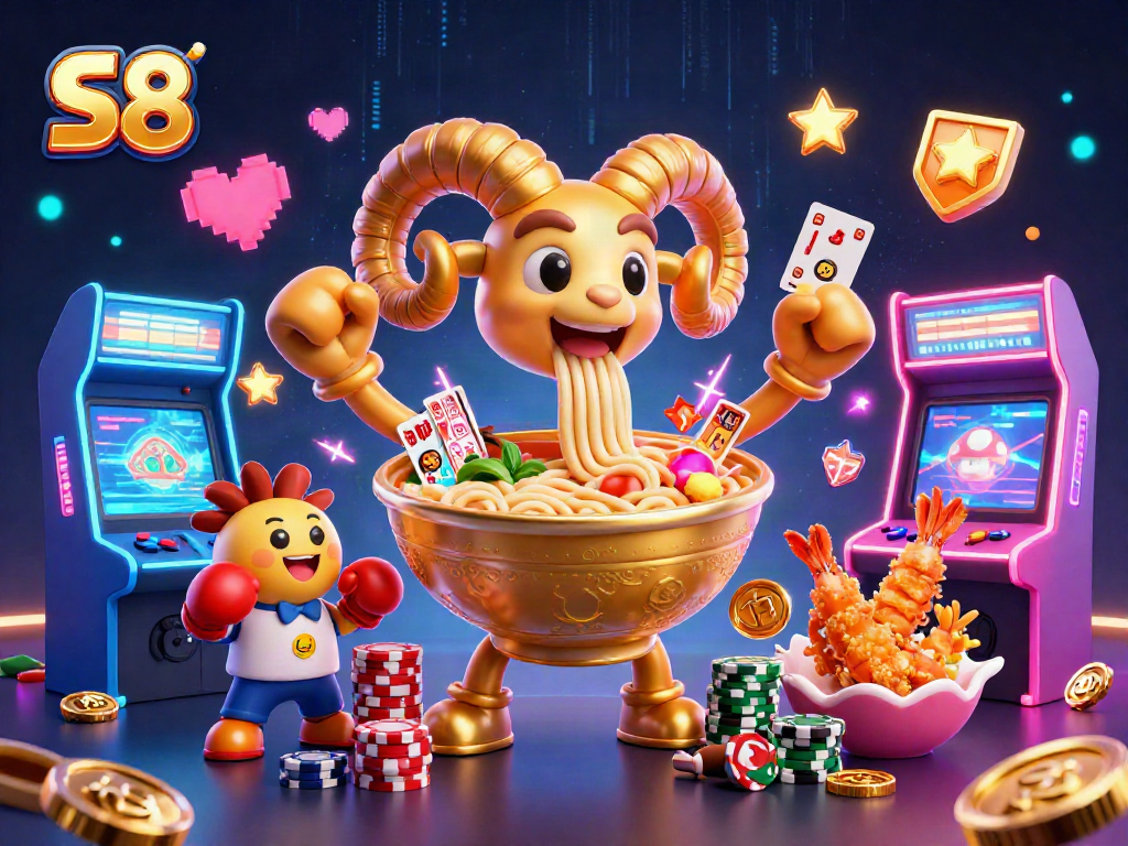 S8 themed vibrant casino illustration of characters in action with gaming elements dynamically integrated.