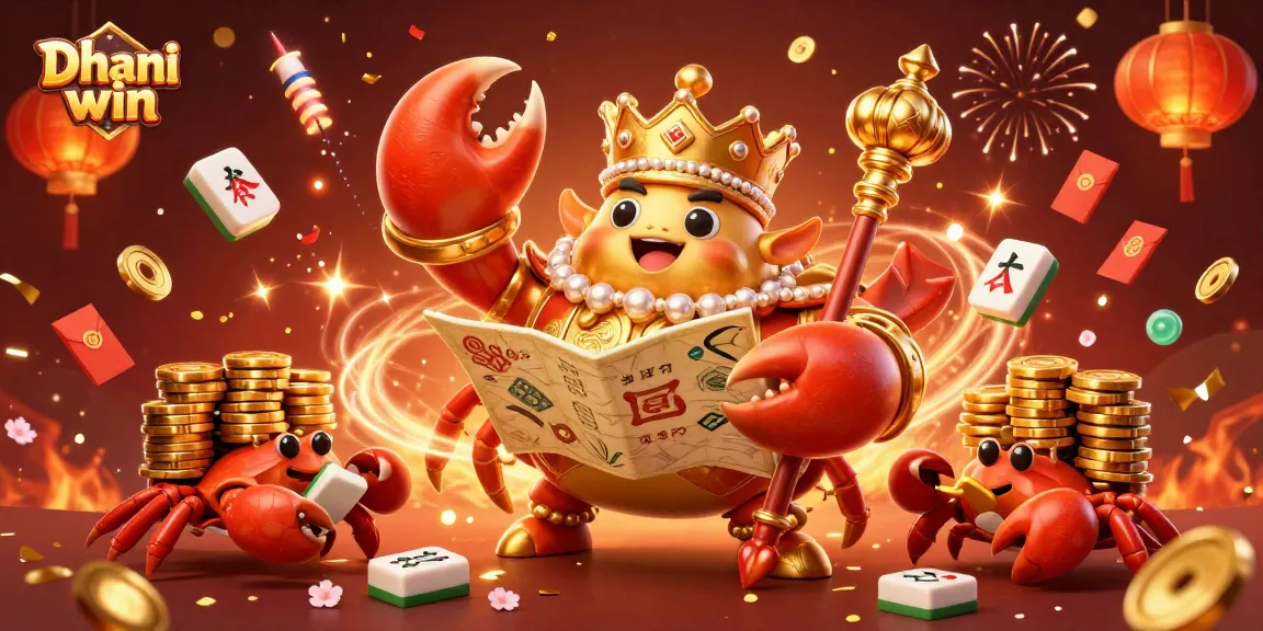 Dhani win showcases an extravagant 3D golden crab emperor surrounded by festive gaming elements and fireworks, inviting players to explore.