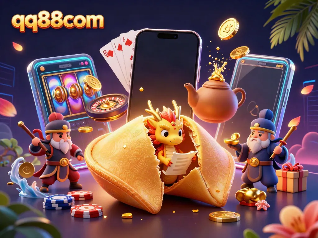 Win big with qq88com while enjoying vibrant online casino entertainment, featuring golden coins and slot games.