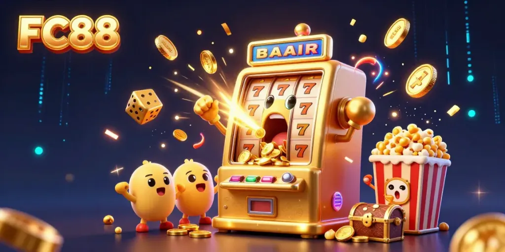Watch FC88’s golden slot machine jackpot surprise, surrounded by cheering mini slots and casino elements.