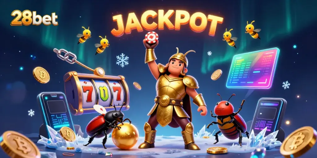 Experience the excitement of 28bet with a victorious beetle champion surrounded by vibrant casino elements.