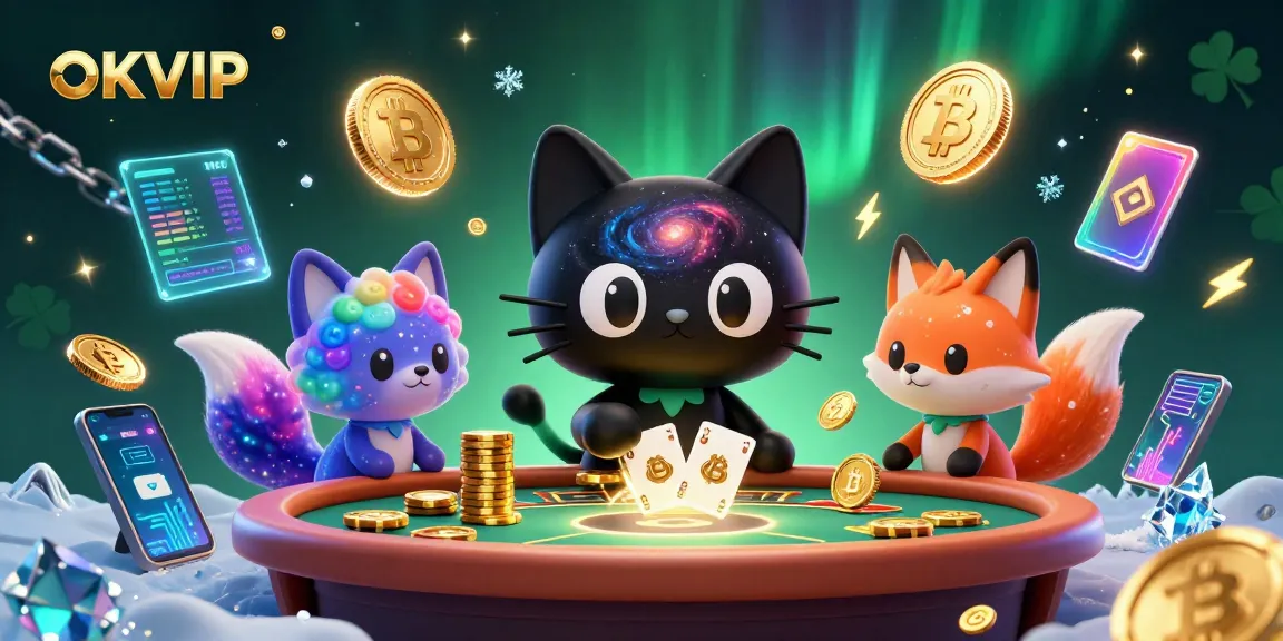 OKVIP captures the thrill of winning with a cosmic casino scene featuring a black hole cat pulling in gold chips.
