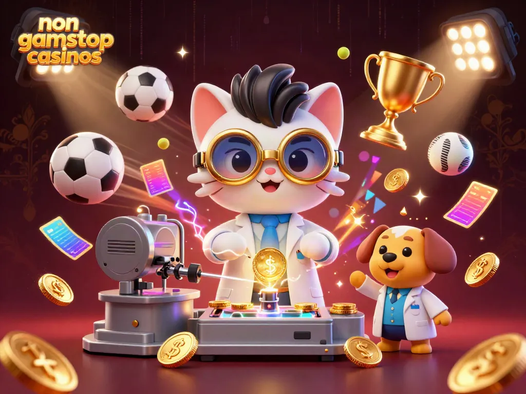 Spin and win at non gamstop casinos with a fun cartoon scene of a scientist and his dog.