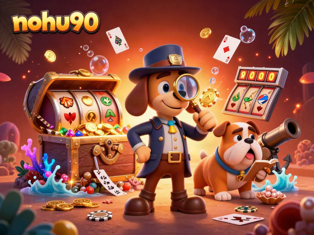 Nohu90 showcases a vibrant casino adventure with a detective and treasure clues, embodying excitement.