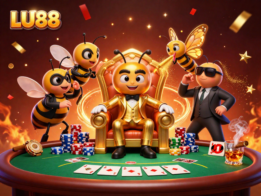 LU88 showcases a vibrant scene with a bumblebee mob boss at a poker table surrounded by action symbols.
