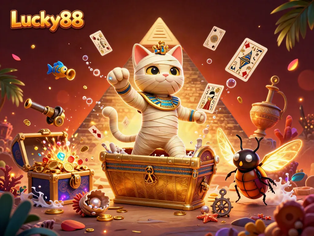 Engage in thrilling gameplay at Lucky88, showcasing an Egyptian mummy cat and treasure in a casino.