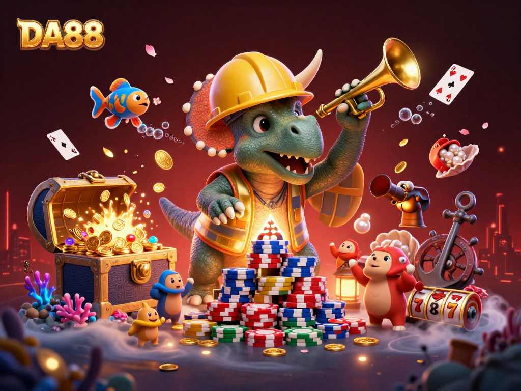 Engage in thrilling gaming at DA88, featuring vibrant characters amid a rich casino environment.