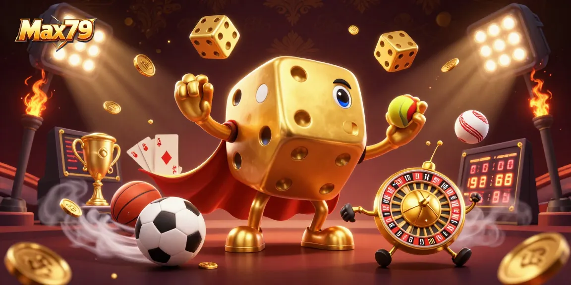 Max79 showcases a vibrant casino scene with a golden dice golem, sports elements, and casino vibes.
