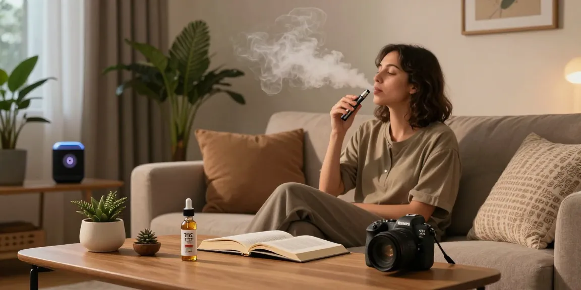 Experience the soothing effects of THC vape juice with premium quality and natural wellness elements in a cozy atmosphere.