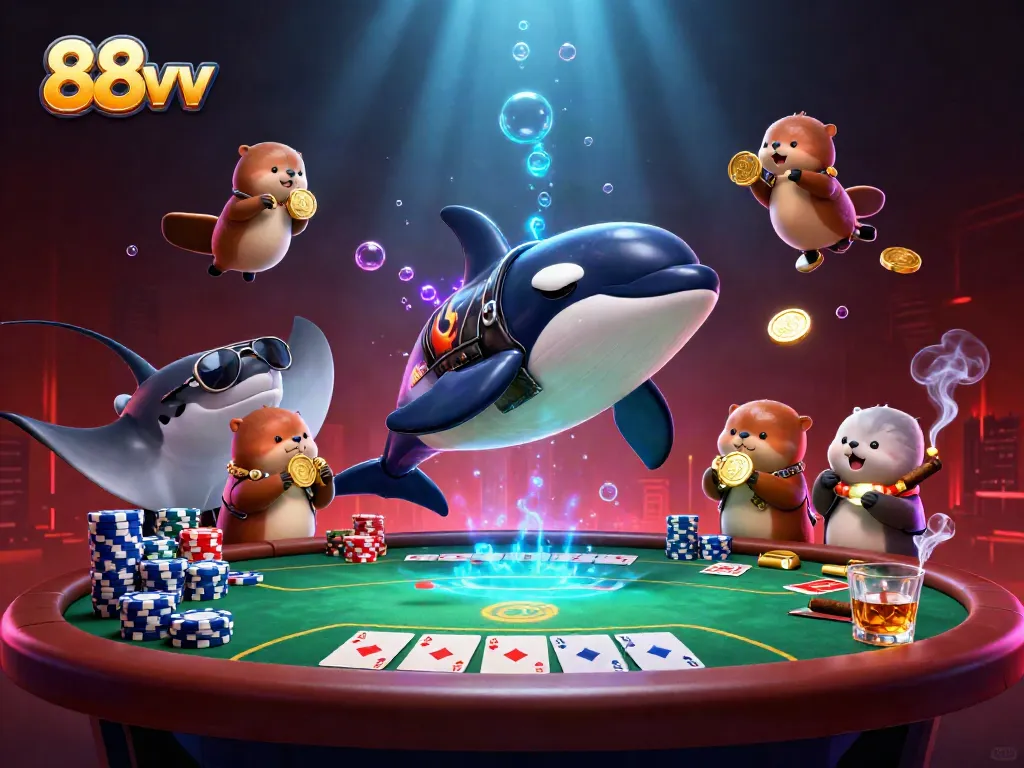 Engage in thrilling poker action at 88vv casino with vibrant underwater characters.