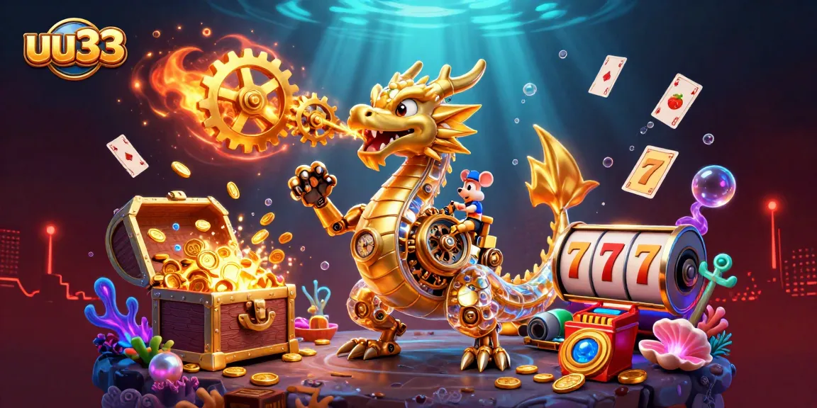 Play slots and win with uu33, featuring a golden dragon and floating casino elements in vivid underwater scene.