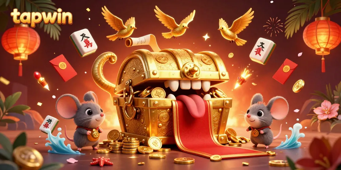 Experience thrilling riches at tapwin, with a golden treasure chest and festive gaming elements in a vibrant 3D scene.